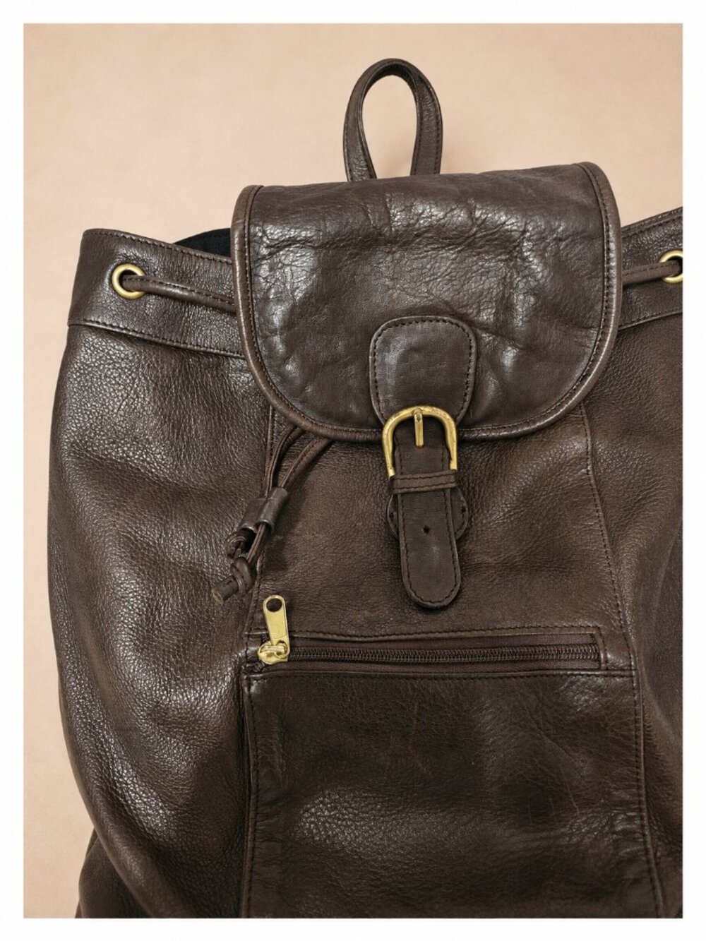 Dark Brown Genuine Leather Backpack Purse | Drawstring Flap Bag | Everyday Vinta